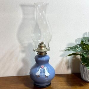 Vintage Kaadan Japan Oil Lamp Kerosene Hurricane Glass Top Blue Geese Goose 80s
